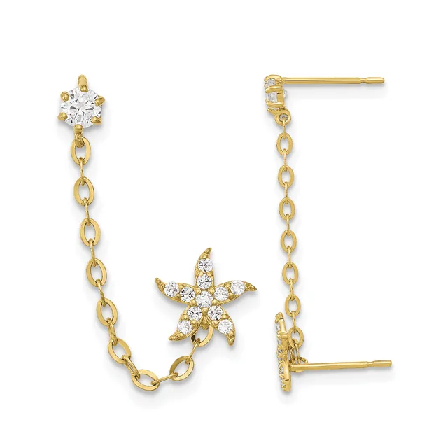 Pair of gold-tone dangle earrings with cubic zirconia studs at top and starfish charms connected by chain links.