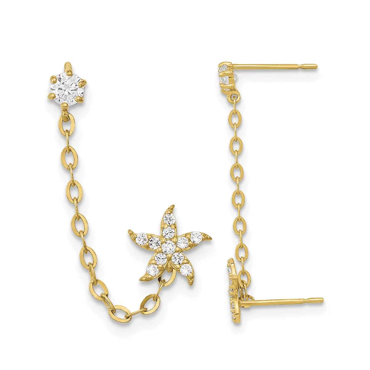 Pair of gold-tone dangle earrings with cubic zirconia studs at top and starfish charms connected by chain links.