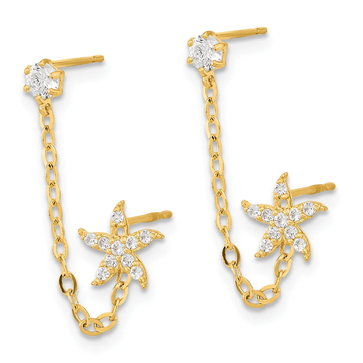 Pair of gold chain drop earrings with cubic zirconia stud tops and star-shaped cubic zirconia charms suspended from chain links.