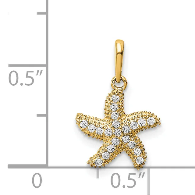 Gold starfish pendant with diamond paving shown next to a ruler indicating approximately half an inch in width.