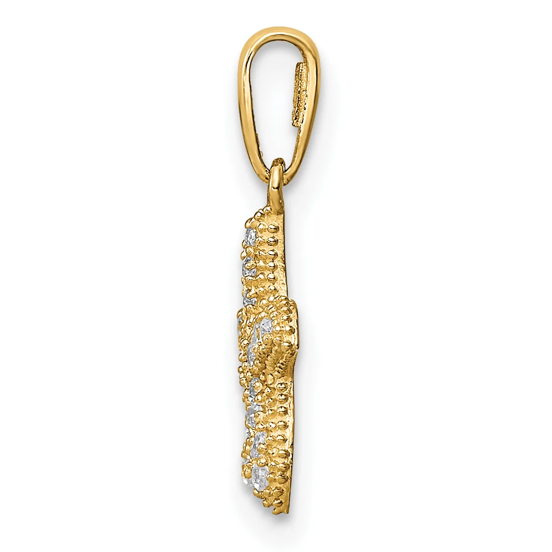 A gold pendant charm shaped like a textured nugget or chunk, suspended from a gold carabiner-style bail, shown against a white background.