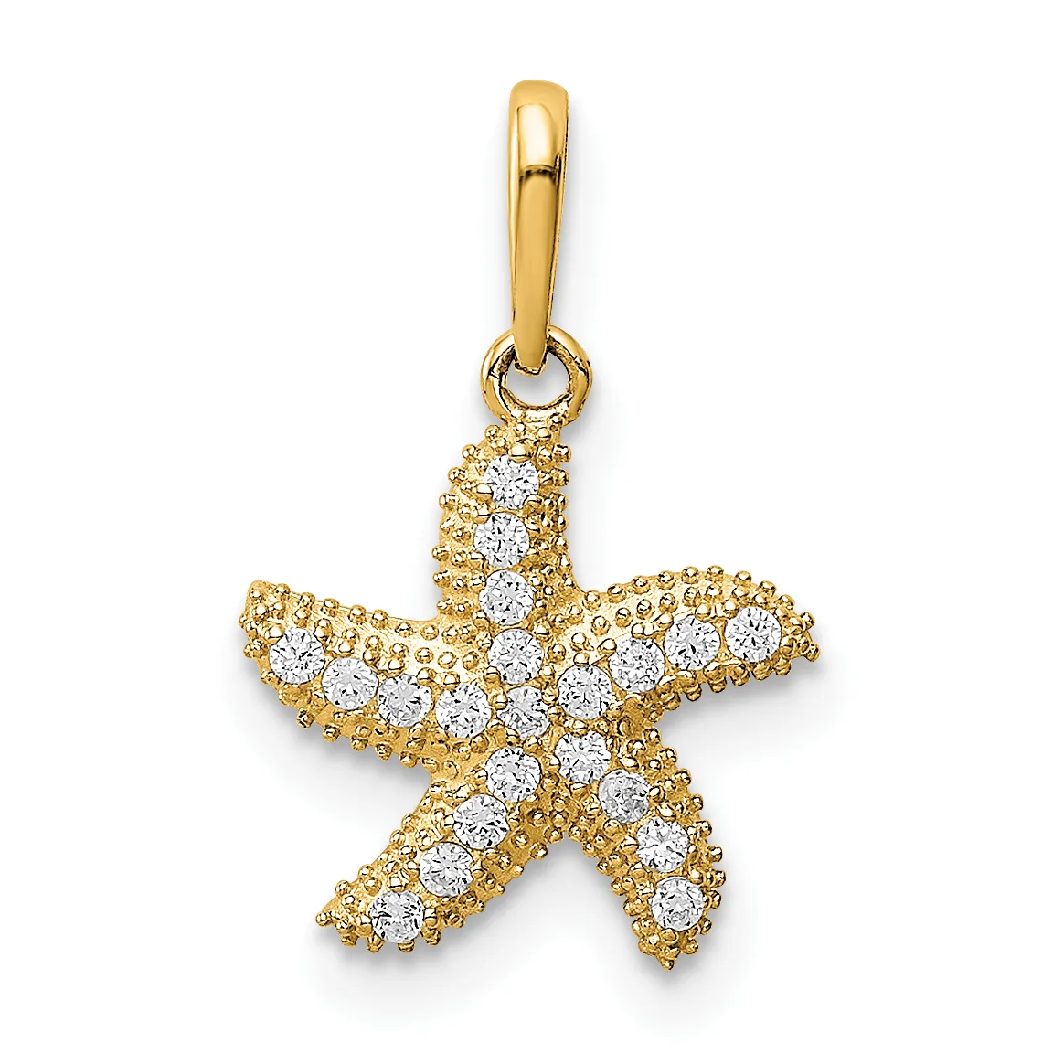 Gold starfish pendant with white diamond accents and a textured finish, suspended from a gold bail against a white background.