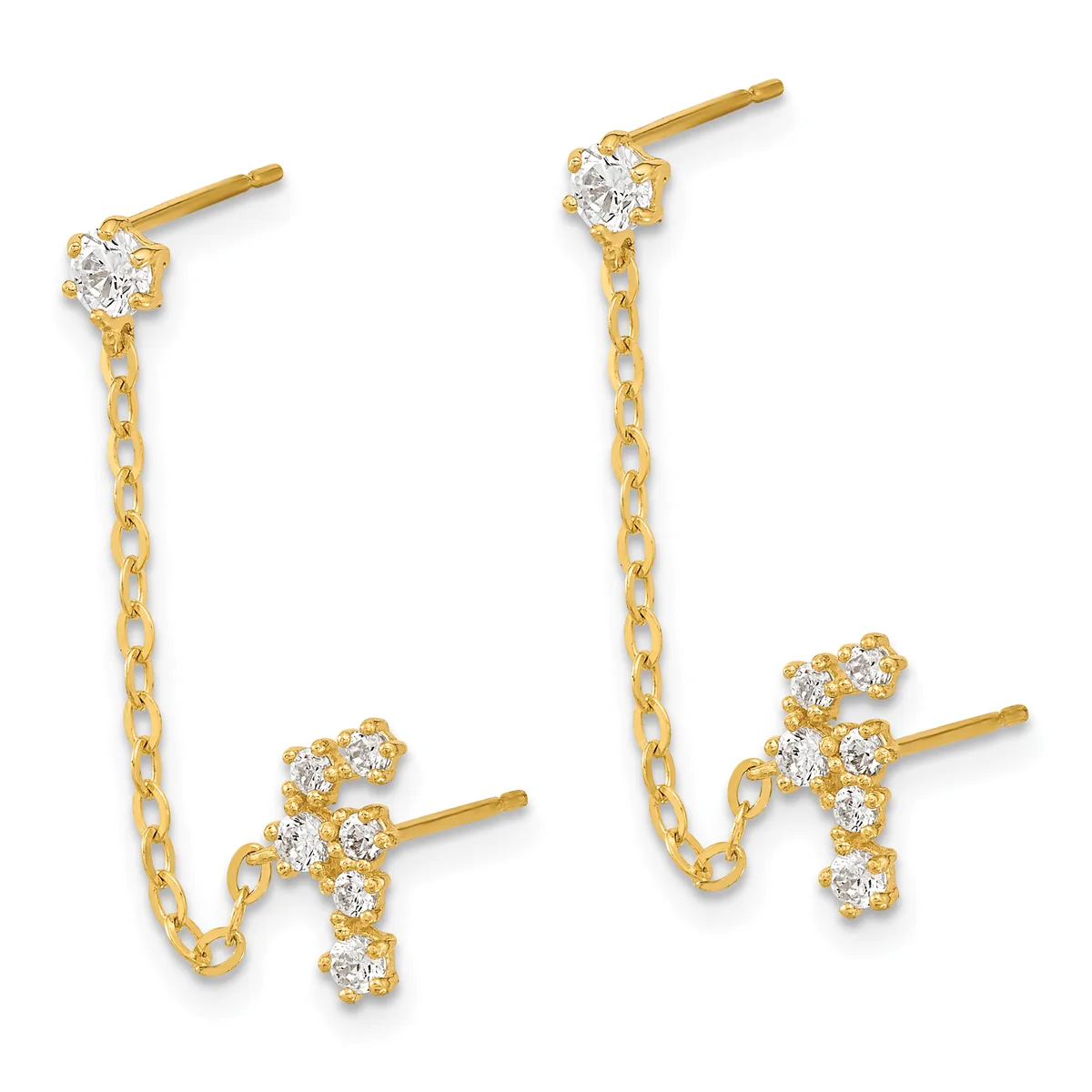 Pair of gold chain earrings with cubic zirconia studs at the top and clustered cubic zirconia drops at the bottom.