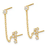 Pair of gold chain earrings with cubic zirconia studs at the top and clustered cubic zirconia drops at the bottom.