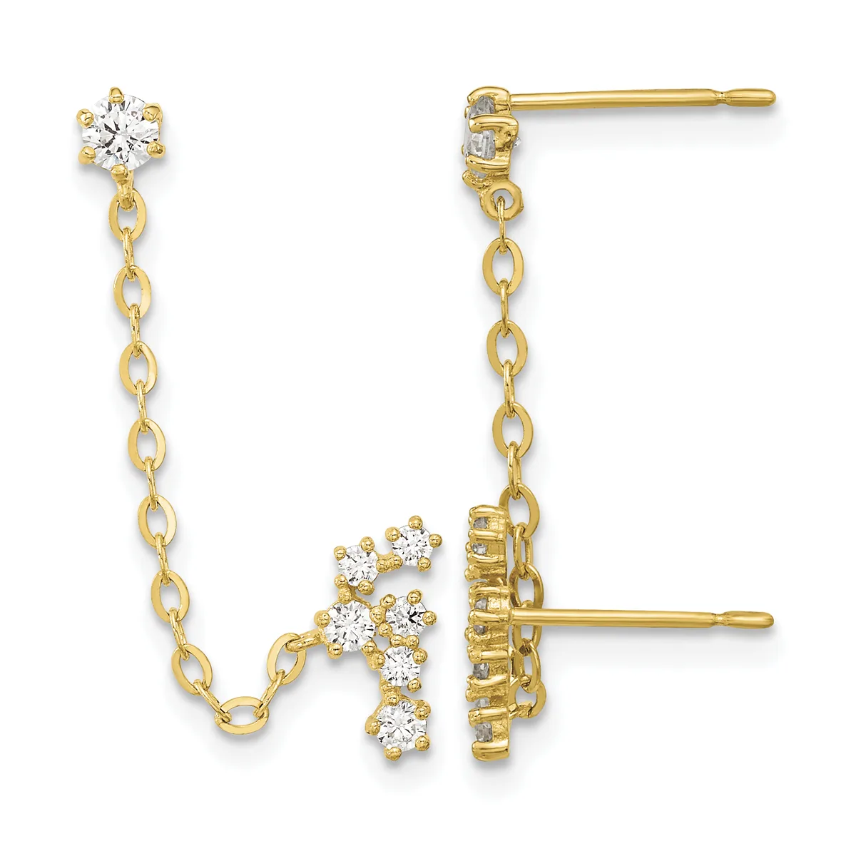 Pair of gold drop earrings with cubic zirconia stones, featuring a single stone on top post with chain leading to a cluster of stones at the bottom.
