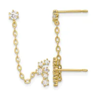 Pair of gold drop earrings with cubic zirconia stones, featuring a single stone on top post with chain leading to a cluster of stones at the bottom.