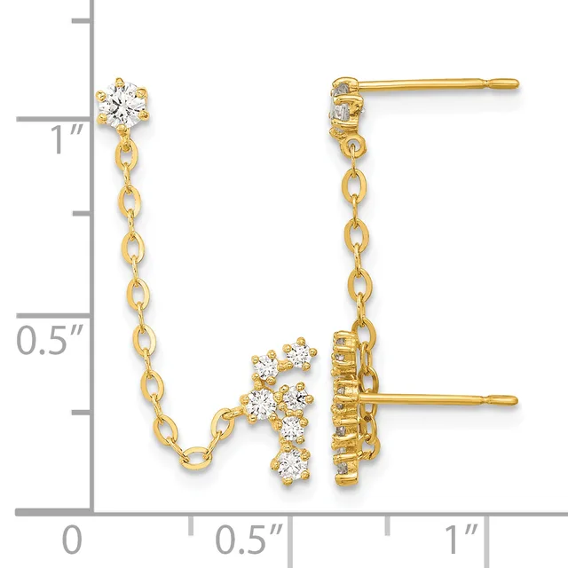 Gold chain earrings with cubic zirconia clusters at the top and bottom, displayed against a measurement scale showing approximately one inch in length.