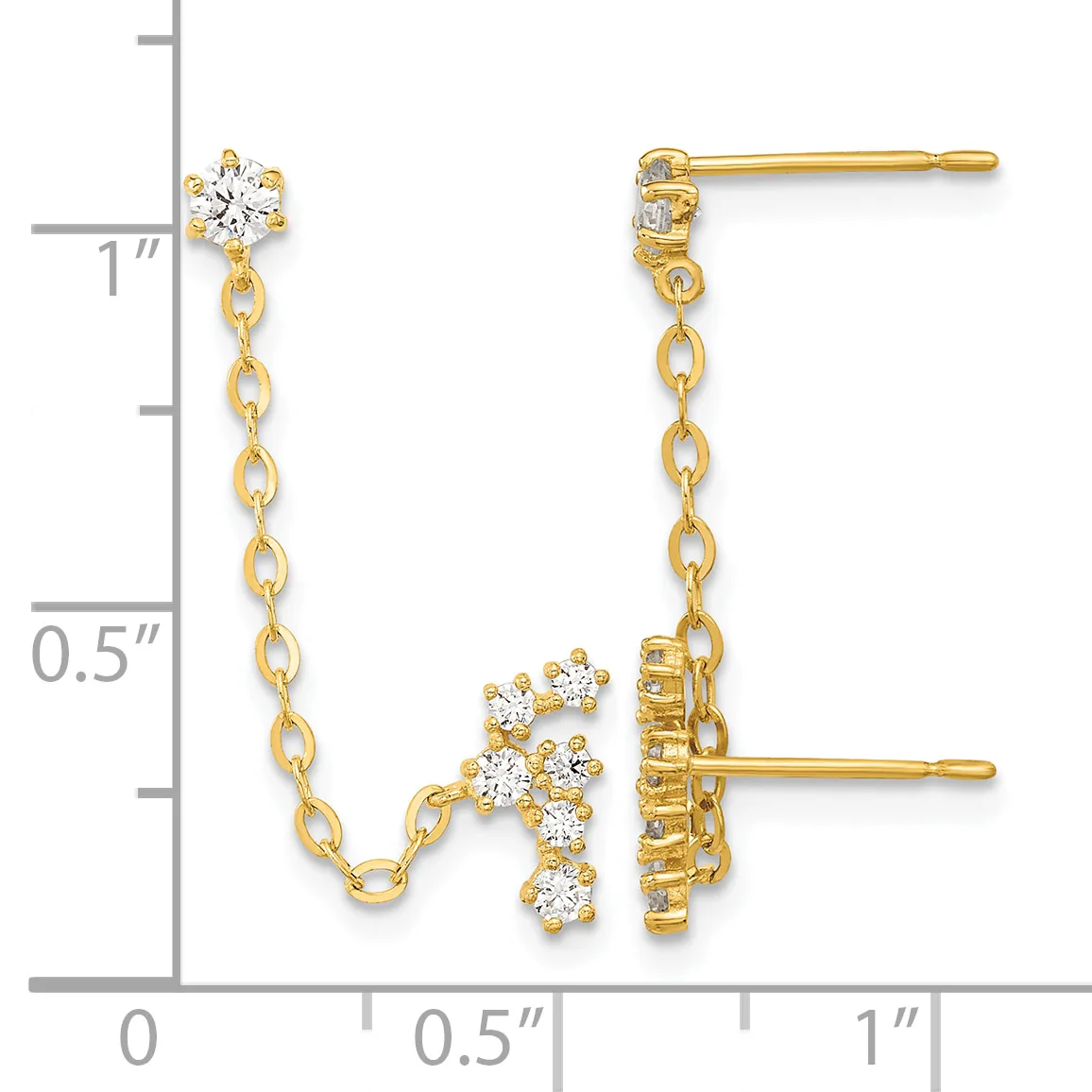 Gold chain earrings with cubic zirconia clusters at the top and bottom, displayed against a measurement scale showing approximately one inch in length.