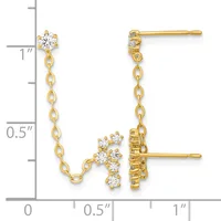 Gold chain earrings with cubic zirconia clusters at the top and bottom, displayed against a measurement scale showing approximately one inch in length.
