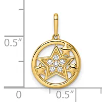 Gold pendant featuring a circular frame with a central star set with diamonds surrounded by four smaller stars, shown next to a ruler indicating approximately 0.5 inches in size.