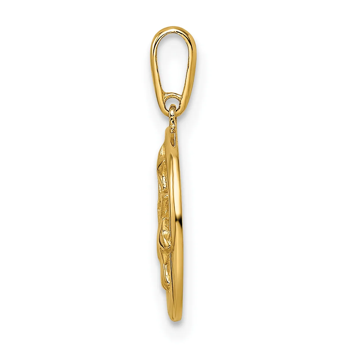 A gold-colored elongated pendant with decorative etched details hangs from a matching gold bail clasp against a white background.