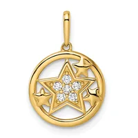 Gold pendant featuring a circular frame with a central star set with round diamonds surrounded by smaller stars, suspended from a gold bail.