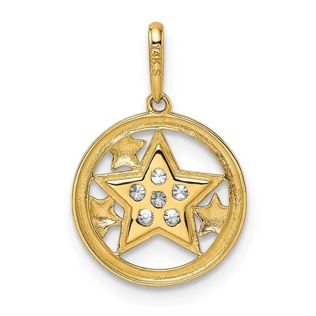 Gold pendant with a circular frame containing a five-pointed star decorated with round crystal stones.