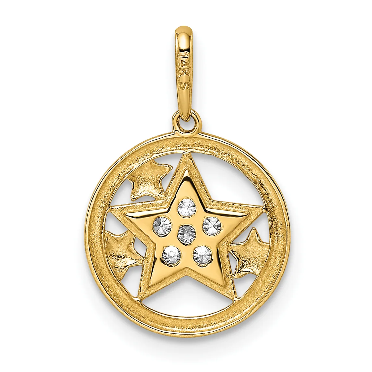 Gold pendant with a circular frame containing a five-pointed star decorated with round crystal stones.