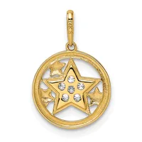 Gold pendant with a circular frame containing a five-pointed star decorated with round crystal stones.
