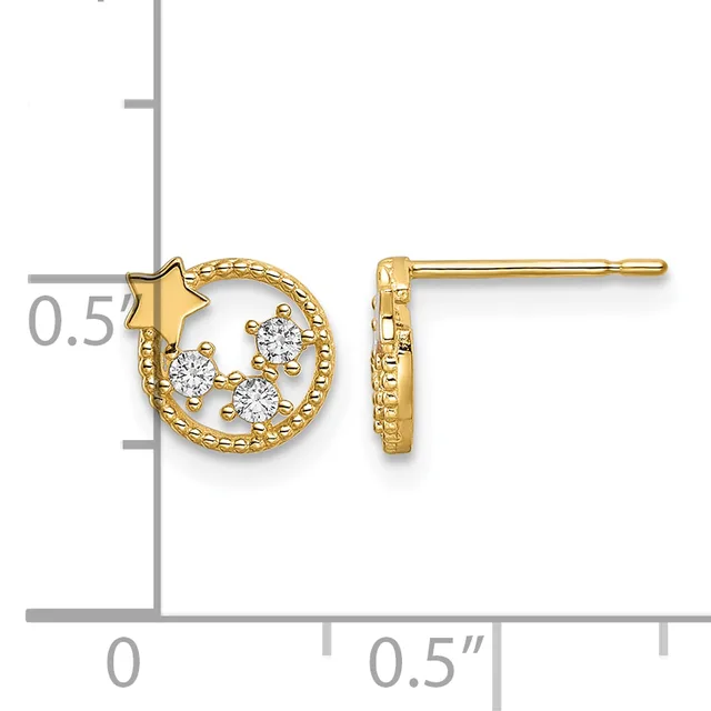 Gold stud earrings featuring a crescent moon with a star and three cubic zirconia stones, shown front and side views against a measurement scale.