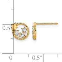Gold stud earrings featuring a crescent moon with a star and three cubic zirconia stones, shown front and side views against a measurement scale.
