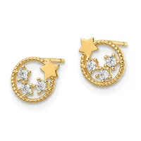 Pair of gold hoop earrings with textured rope-like borders, each featuring a star and three round cubic zirconia stones arranged in a circular design.