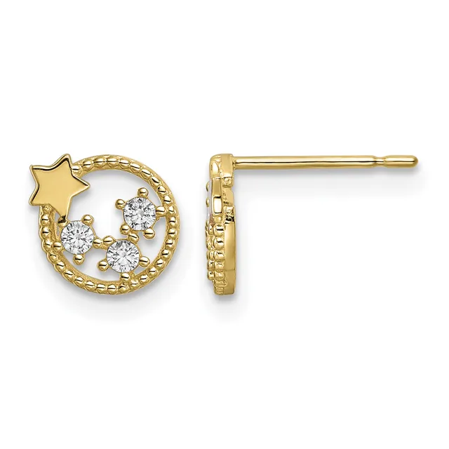 Pair of gold stud earrings with circular design featuring a star and three cubic zirconia stones, shown from front and side views.