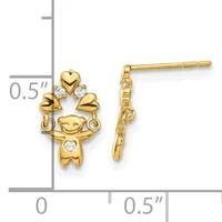 Gold-toned earrings shaped like smiling figures with raised arms, decorated with small clear cubic zirconia stones, shown front and side views with a measurement scale indicating approximately 0.5 inches in height.