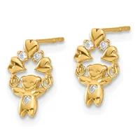 Pair of gold teddy bear drop earrings with heart tops and cubic zirconia accents, shown from the front.