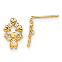 Pair of gold teddy bear stud earrings with cubic zirconia accents, shown from front and side views.