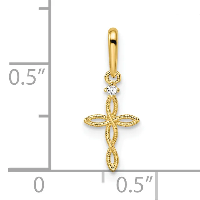Gold cross pendant with twisted rope-textured edges and a small diamond at the top, shown next to a ruler indicating approximately half-inch width.