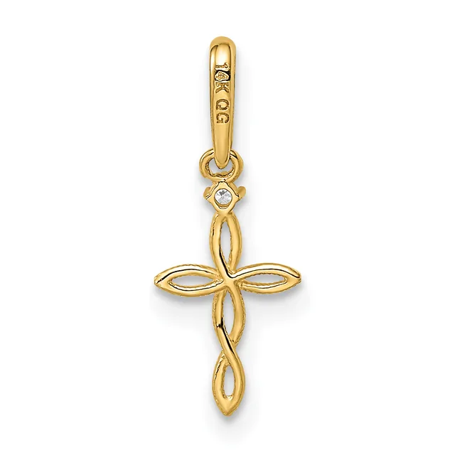 A gold cross pendant with twisted curved arms and a small diamond accent, suspended from a gold bail with a small stamped hallmark.