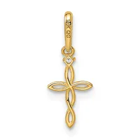 A gold cross pendant with twisted curved arms and a small diamond accent, suspended from a gold bail with a small stamped hallmark.