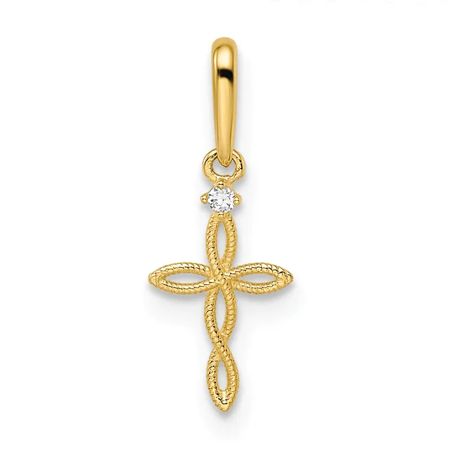 Gold cross pendant with textured looped arms and a small round diamond set at the top, suspended from a gold bail.
