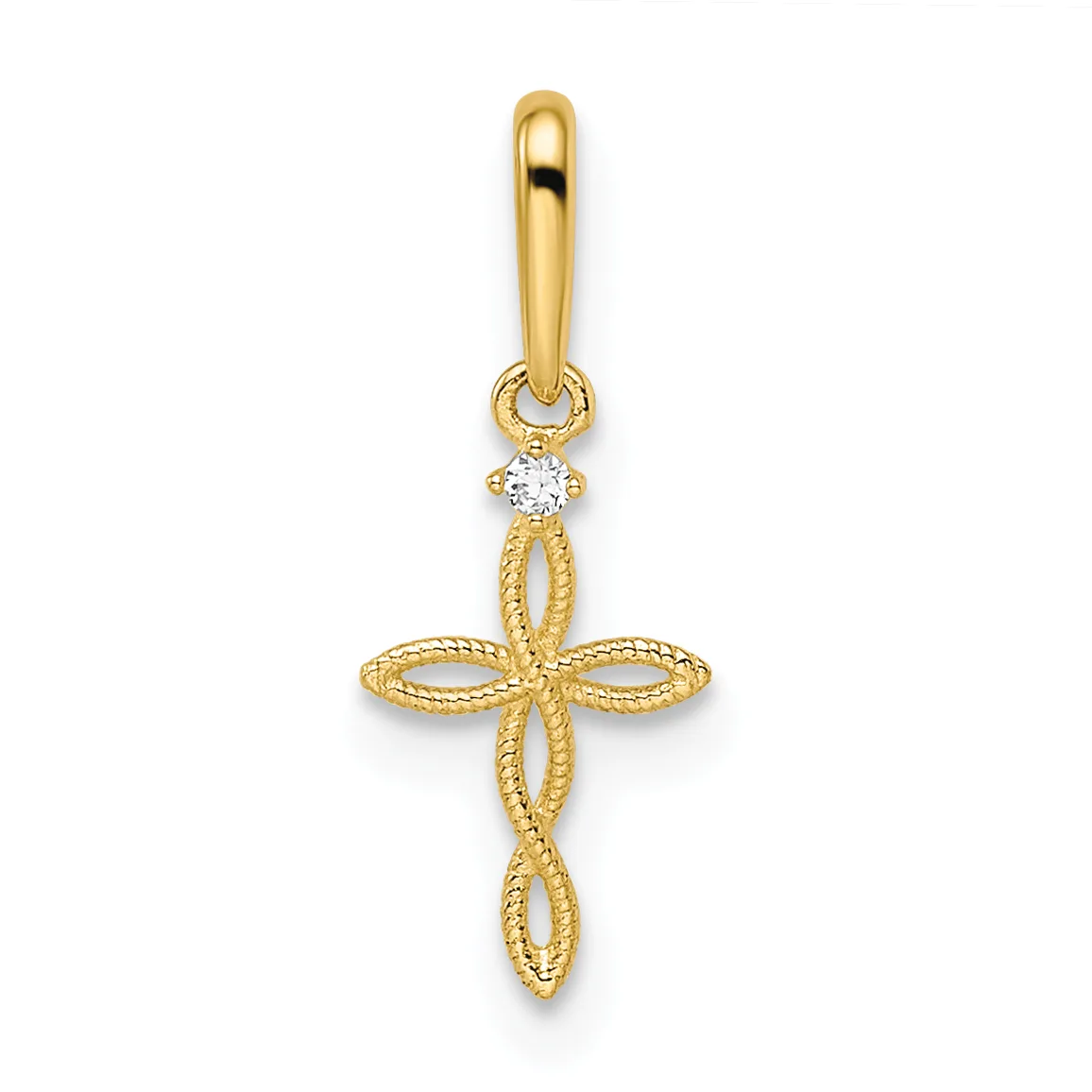 Gold cross pendant with textured looped arms and a small round diamond set at the top, suspended from a gold bail.