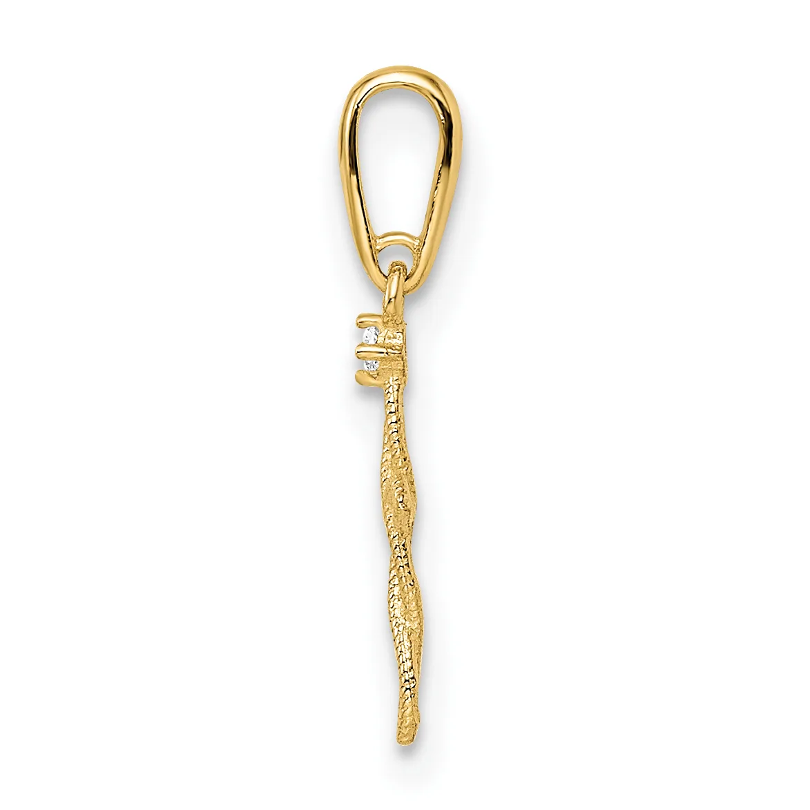 Gold-toned metal keychain charm featuring a textured elongated teardrop pendant with a small diamond or crystal accent, attached to a lobster clasp.