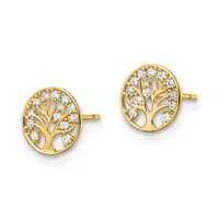 Pair of gold stud earrings featuring circular tree of life designs with cubic zirconia stones set throughout, displayed against a white background.