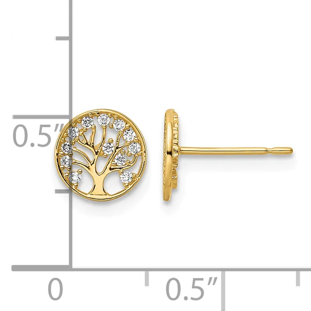 Gold tree of life stud earrings with cubic zirconia stones set around the design, shown at actual size with a measurement scale.