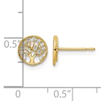 Gold tree of life stud earrings with cubic zirconia stones set around the design, shown at actual size with a measurement scale.