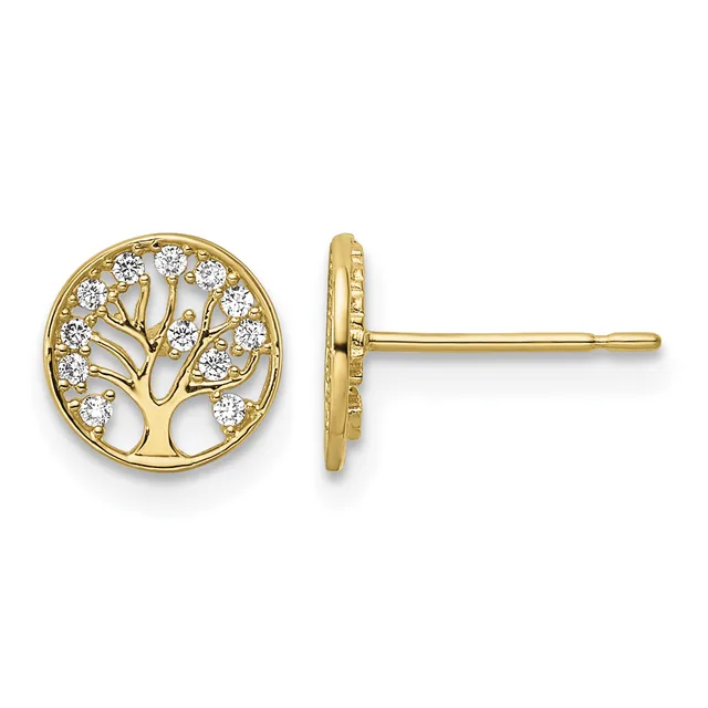 A pair of gold tree of life stud earrings with round frames and diamond accents, shown from front and side views.