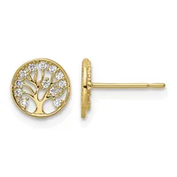 A pair of gold tree of life stud earrings with round frames and diamond accents, shown from front and side views.