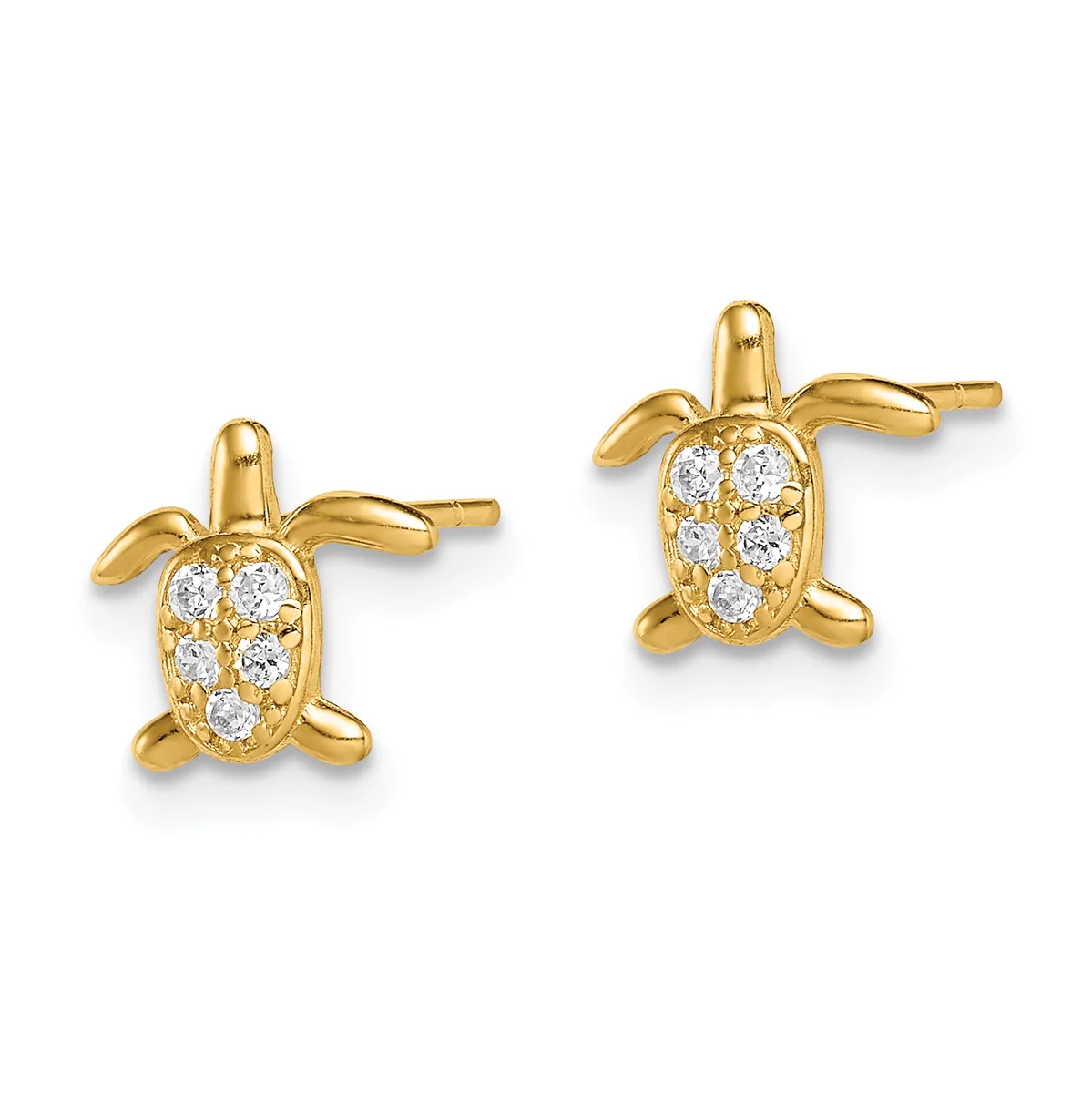 A pair of gold turtle-shaped stud earrings with oval bodies set with round white diamonds and polished legs and head details.