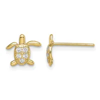 A pair of gold sea turtle stud earrings with diamond-paved shells, shown from front and side views.