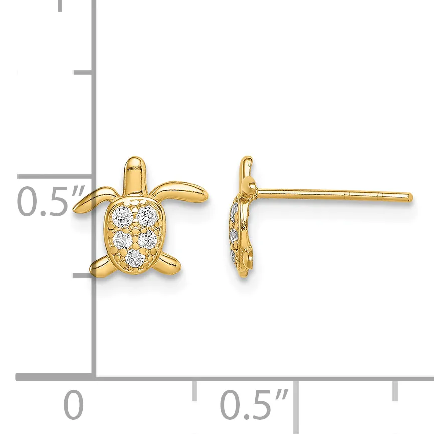 Gold turtle stud earrings with white diamond pavé shells shown from front and side views, displayed on a measurement scale showing approximately half-inch size.