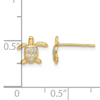 Gold turtle stud earrings with white diamond pavé shells shown from front and side views, displayed on a measurement scale showing approximately half-inch size.