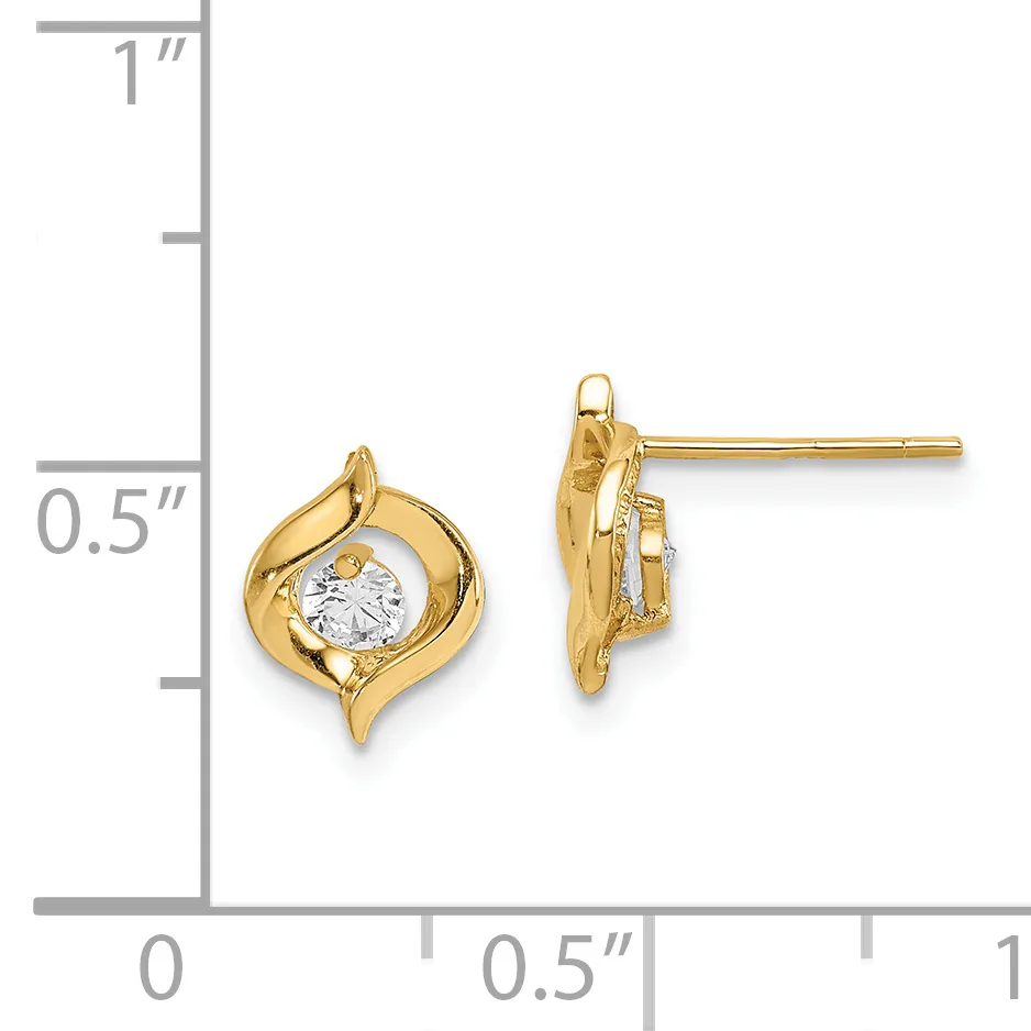 Pair of gold stud earrings with curved leaf-like settings holding round white stones, displayed against a measurement scale.