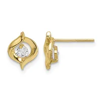 A pair of gold stud earrings with curved leaf-shaped settings featuring round white cubic zirconia stones in the center, shown from front and side views.