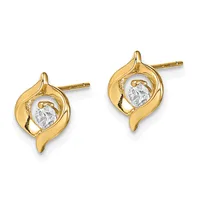 A pair of gold stud earrings with curved leaf-shaped settings each holding a round white gemstone, shown from the front against a white background.
