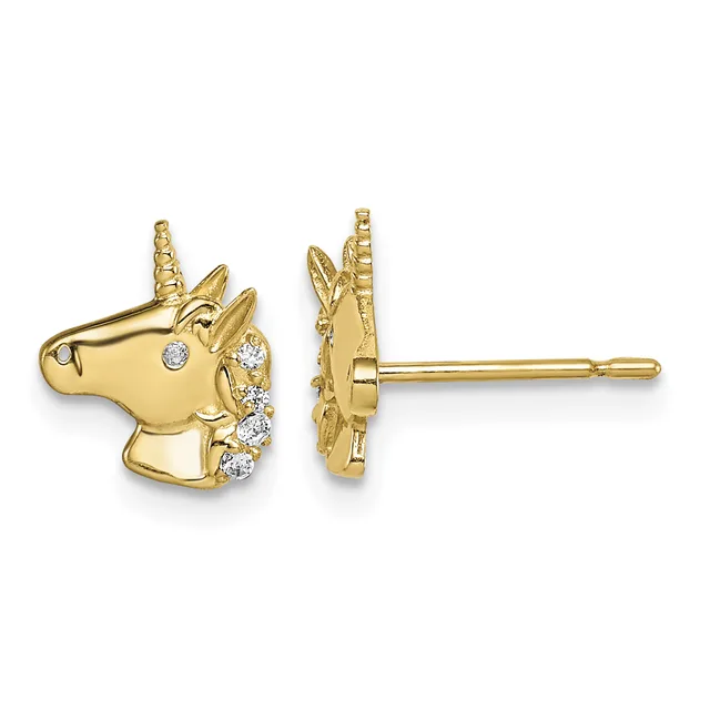 A pair of gold unicorn head stud earrings with diamond accents along the mane, shown from front and back views.