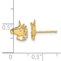 Gold unicorn stud earrings with small diamonds set in the mane, shown front and back view with a measurement scale indicating approximately half inch height.