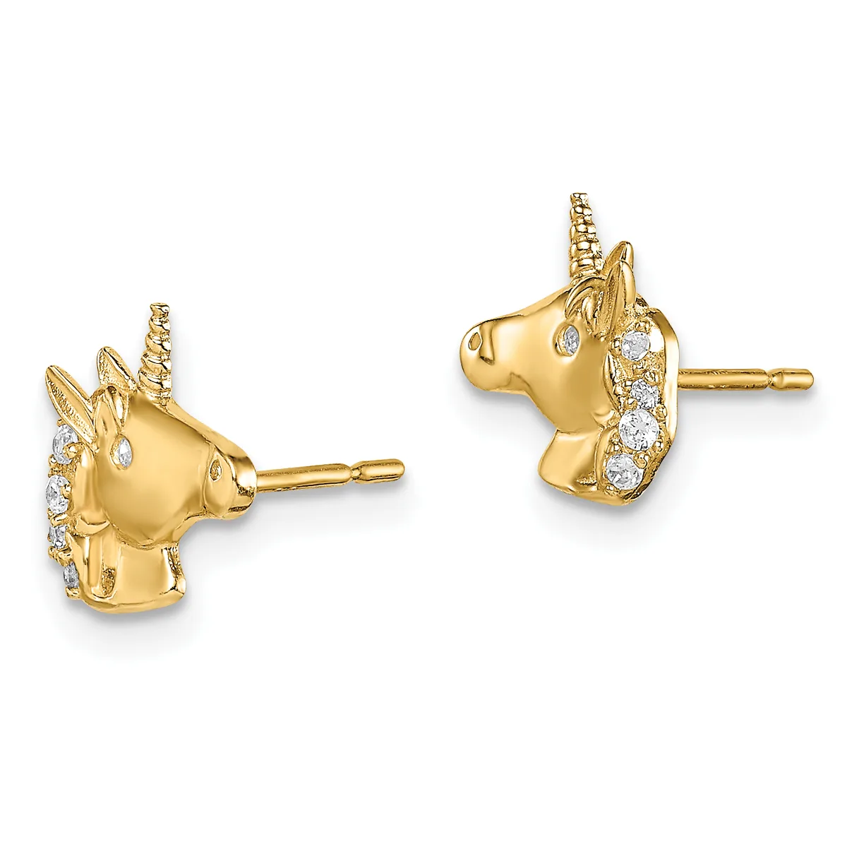 A pair of gold unicorn head stud earrings with diamond accents along the mane and face, shown from front and side views.