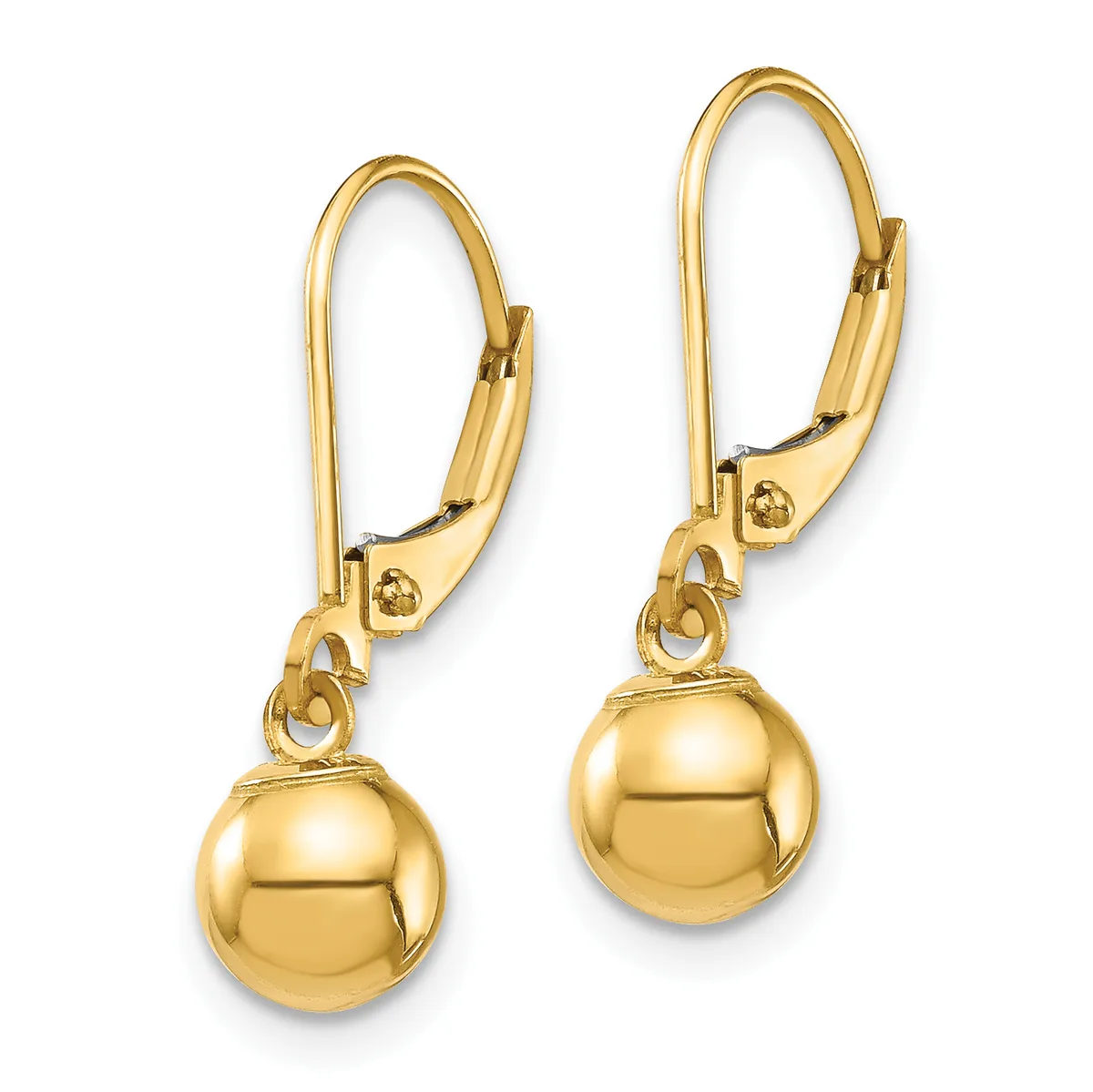 Pair of gold leverback earrings with polished spherical drops suspended from curved ear wires with small decorative loops.