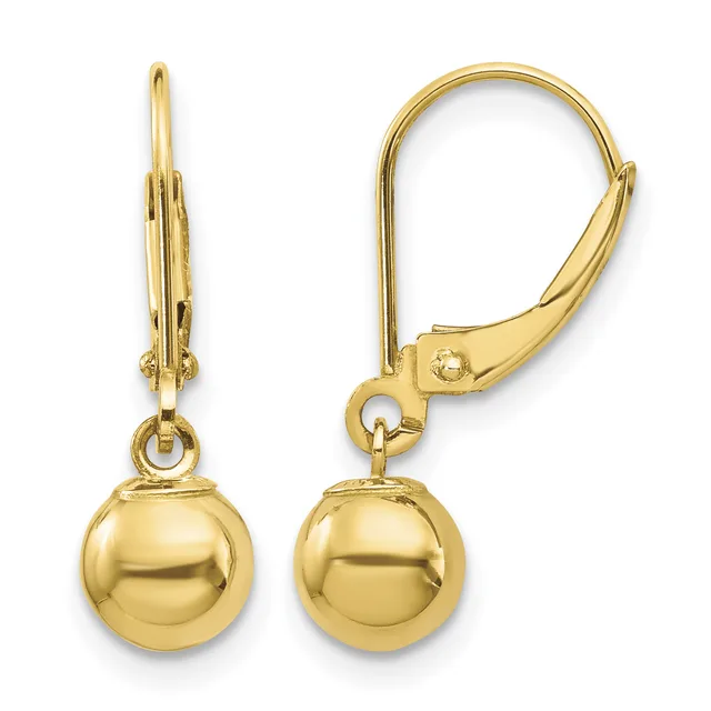 Pair of gold lever-back earrings with polished spherical drops, shown from front and side views.