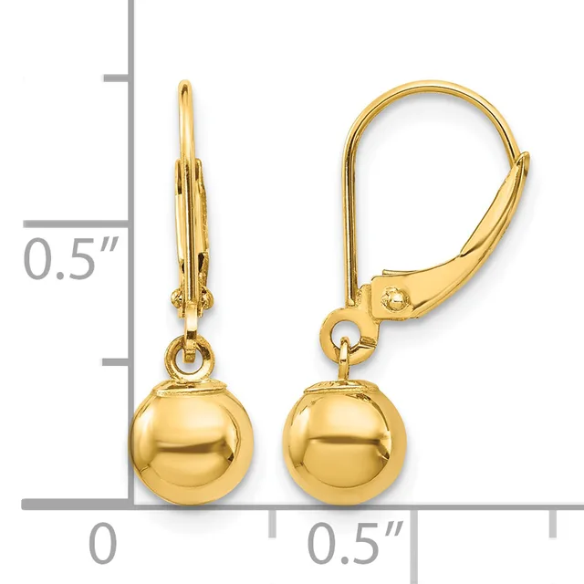 A pair of gold ball drop earrings with lever-back closures, shown against a measurement scale indicating approximately 0.5 inches in length.